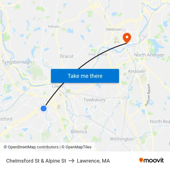 Chelmsford St & Alpine St to Lawrence, MA map