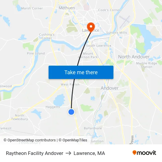 Raytheon Facility Andover to Lawrence, MA map