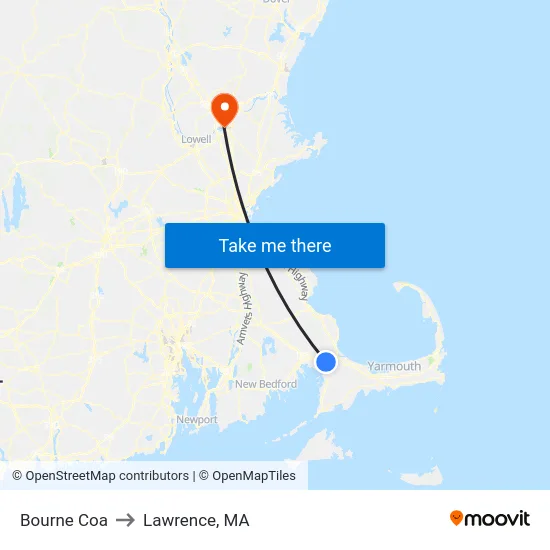 Bourne Coa to Lawrence, MA map