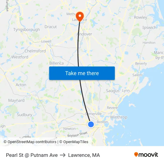 Pearl St @ Putnam Ave to Lawrence, MA map