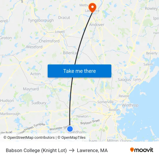 Babson College (Knight Lot) to Lawrence, MA map