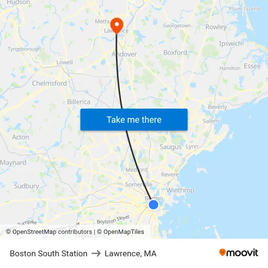Boston South Station to Lawrence, MA map