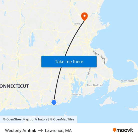 Westerly Amtrak to Lawrence, MA map