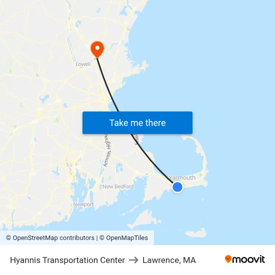Hyannis Transportation Center to Lawrence, MA map