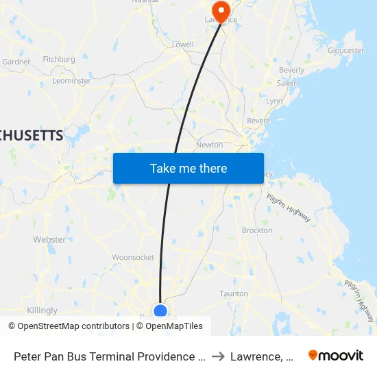 Peter Pan Bus Terminal Providence Ri to Lawrence, MA map