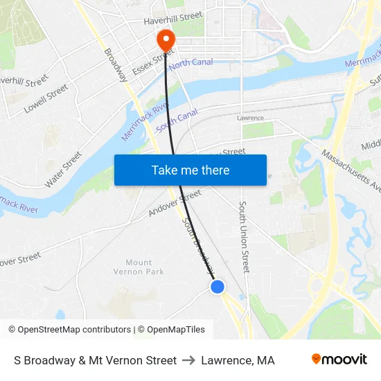 S Broadway & Mt Vernon Street to Lawrence, MA map