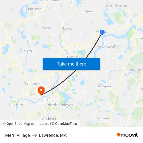 Merri Village to Lawrence, MA map