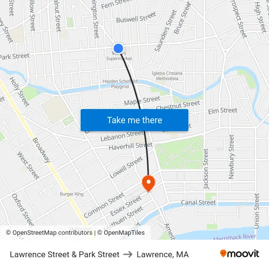 Lawrence Street & Park Street to Lawrence, MA map
