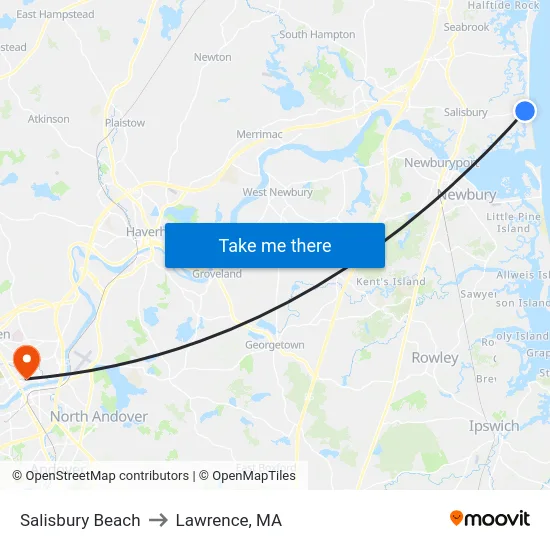 Salisbury Beach to Lawrence, MA map