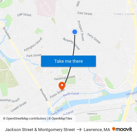 Jackson Street & Montgomery Street to Lawrence, MA map