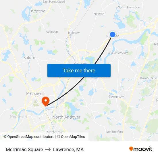 Merrimac Square to Lawrence, MA map
