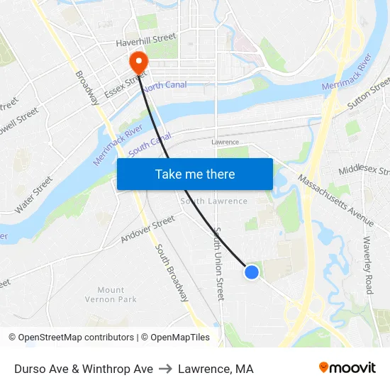 Durso Ave & Winthrop Ave to Lawrence, MA map