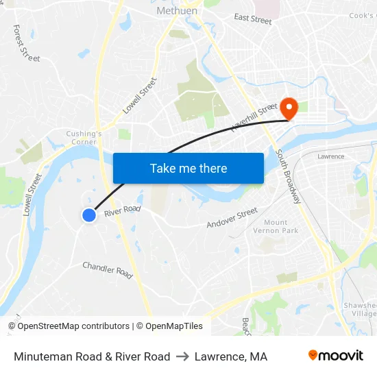 Minuteman Road & River Road to Lawrence, MA map