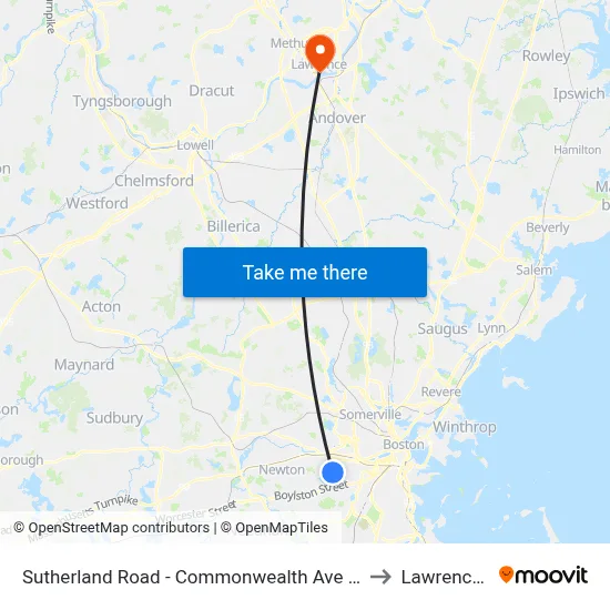 Sutherland Road - Commonwealth Ave @ Colborne Rd to Lawrence, MA map