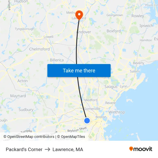 Packard's Corner to Lawrence, MA map