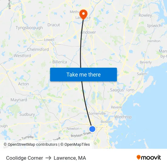 Coolidge Corner to Lawrence, MA map