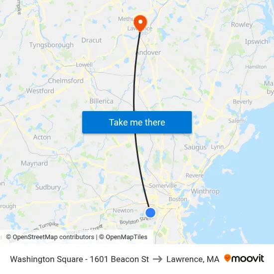 Washington Square - 1601 Beacon St to Lawrence, MA map