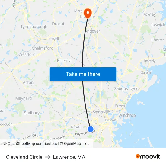 Cleveland Circle to Lawrence, MA map