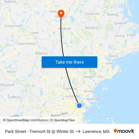 Park Street - Tremont St @ Winter St to Lawrence, MA map