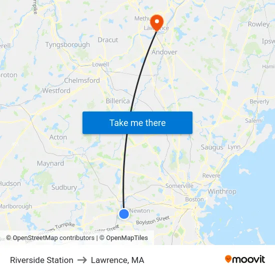 Riverside Station to Lawrence, MA map