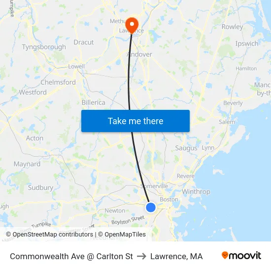 Commonwealth Ave @ Carlton St to Lawrence, MA map