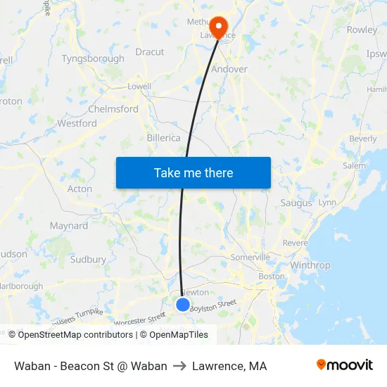 Waban - Beacon St @ Waban to Lawrence, MA map