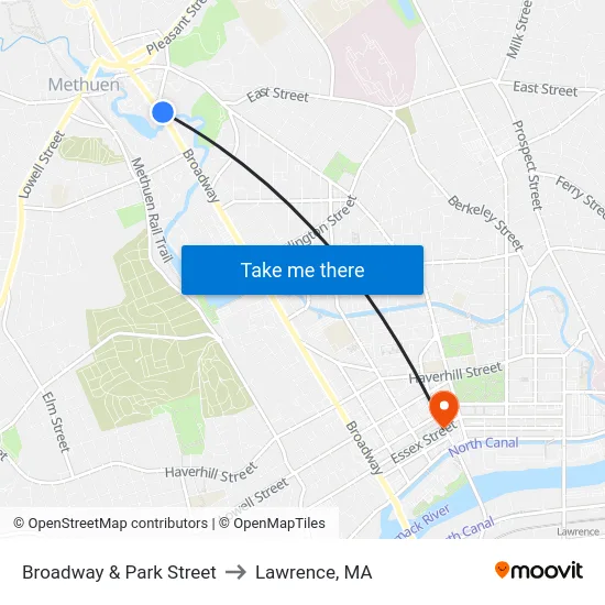 Broadway & Park Street to Lawrence, MA map
