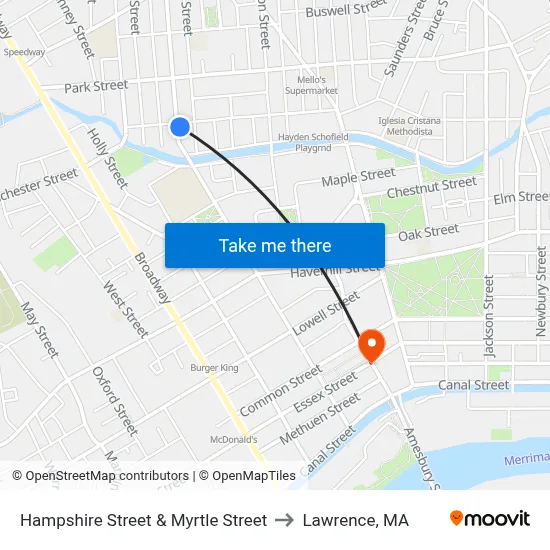 Hampshire Street & Myrtle Street to Lawrence, MA map