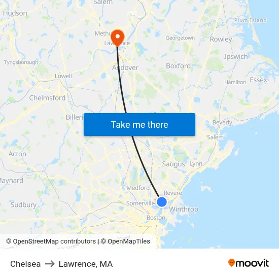 Chelsea to Lawrence, MA map