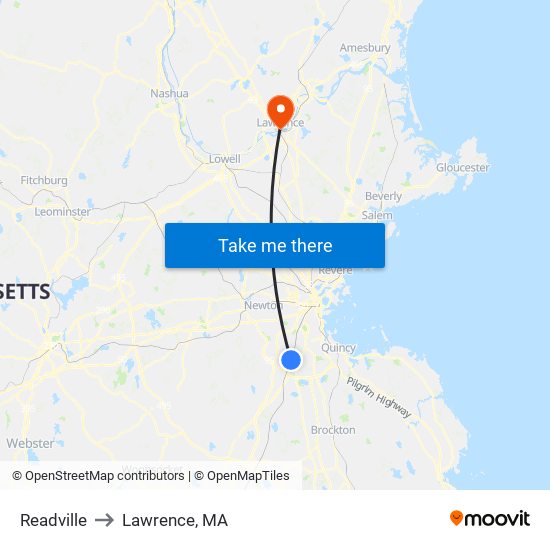 Readville to Lawrence, MA map