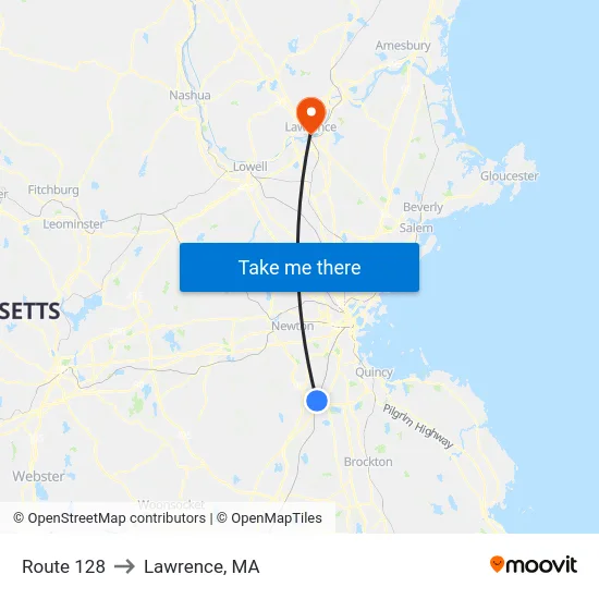Route 128 to Lawrence, MA map