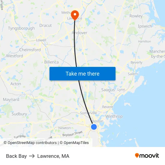 Back Bay to Lawrence, MA map