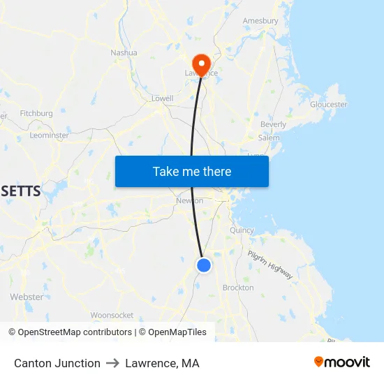 Canton Junction to Lawrence, MA map