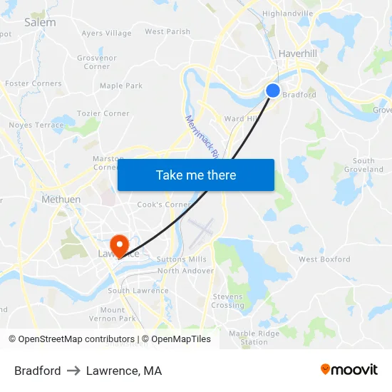 Bradford to Lawrence, MA map