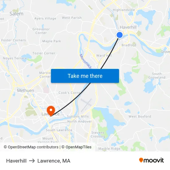 Haverhill to Lawrence, MA map