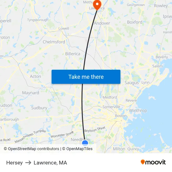 Hersey to Lawrence, MA map