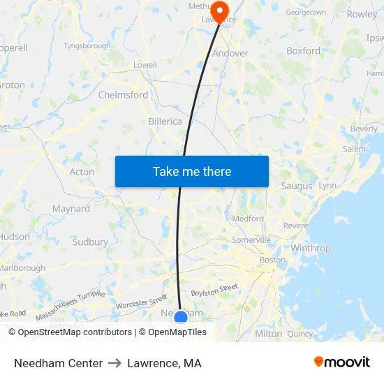 Needham Center to Lawrence, MA map