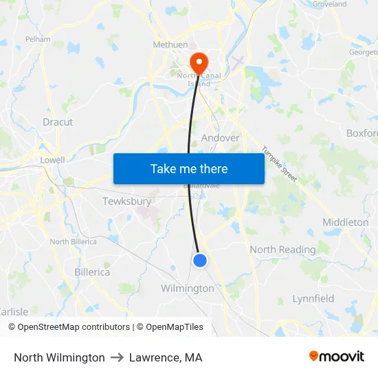North Wilmington to Lawrence, MA map