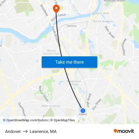 Andover to Lawrence, MA map