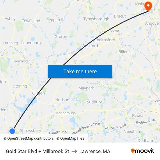 Gold Star Blvd + Millbrook St to Lawrence, MA map