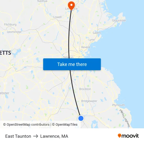 East Taunton to Lawrence, MA map