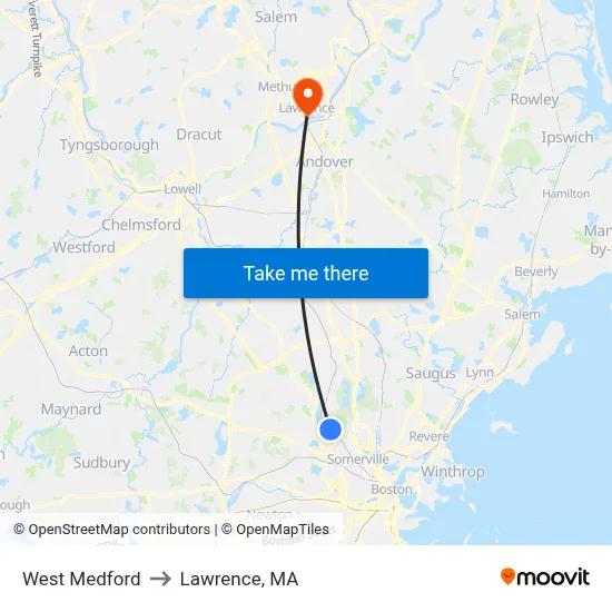 West Medford to Lawrence, MA map