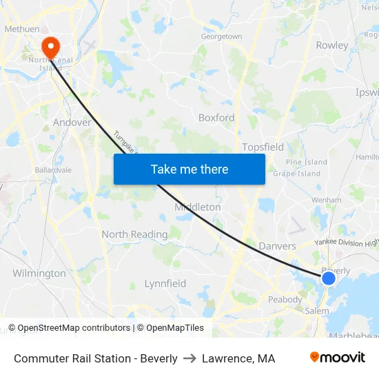Commuter Rail Station - Beverly to Lawrence, MA map