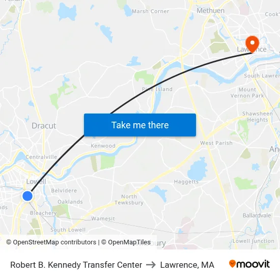 Robert B. Kennedy Transfer Center to Lawrence, MA map