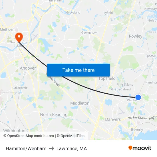 Hamilton/Wenham to Lawrence, MA map