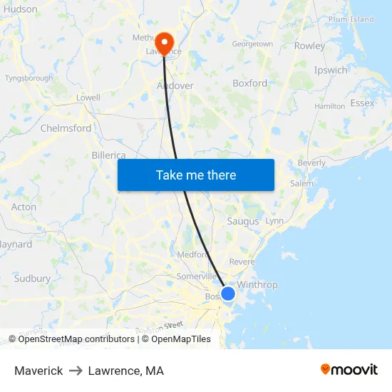 Maverick to Lawrence, MA map