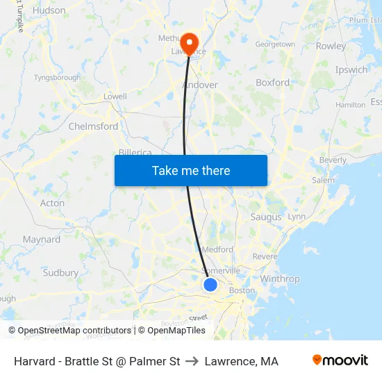 Harvard - Brattle St @ Palmer St to Lawrence, MA map