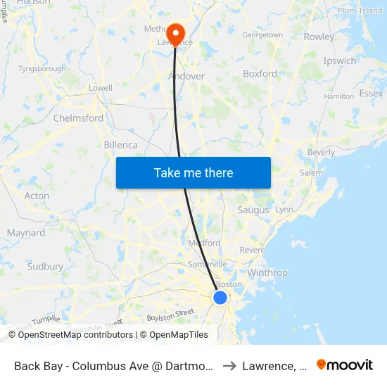Back Bay - Columbus Ave @ Dartmouth St to Lawrence, MA map