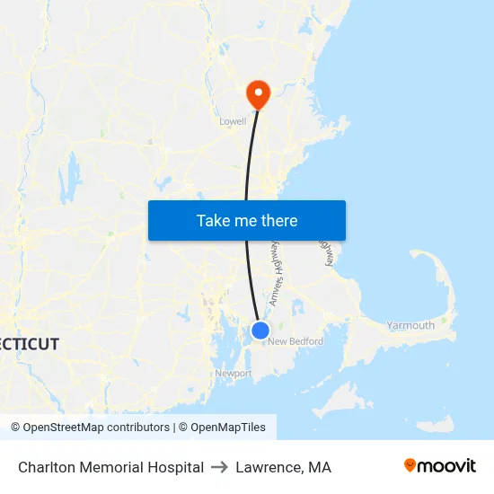 Charlton Memorial Hospital to Lawrence, MA map