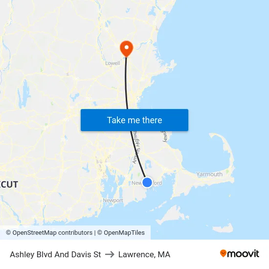 Ashley Blvd And Davis St to Lawrence, MA map